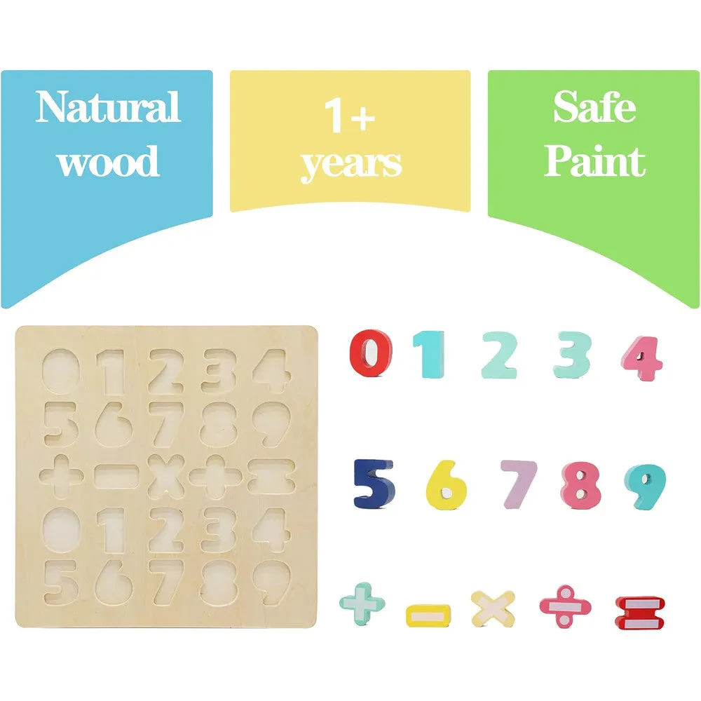 LEO & FRIENDS Colorful Wooden Chunky Number Math Puzzle - 26 Pieces, Learning Toy