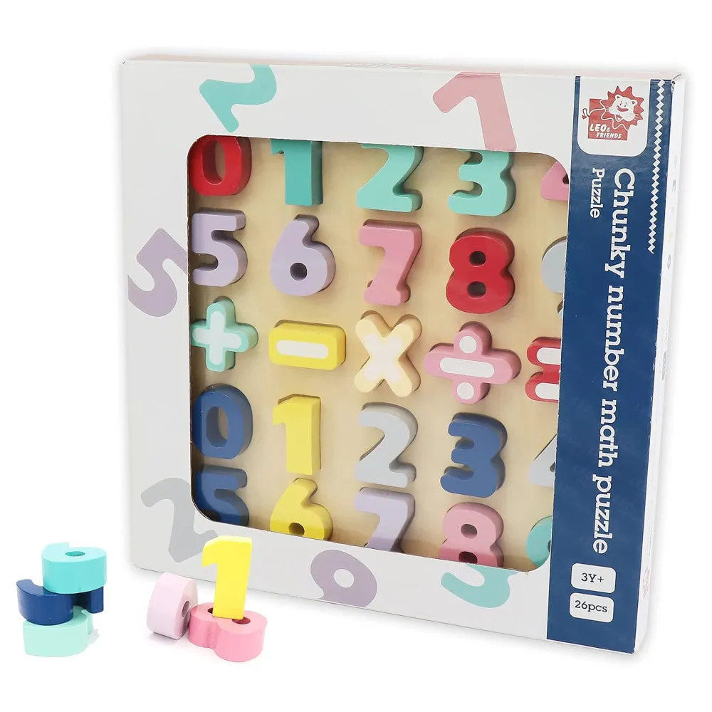 LEO & FRIENDS Colorful Wooden Chunky Number Math Puzzle - 26 Pieces, Learning Toy
