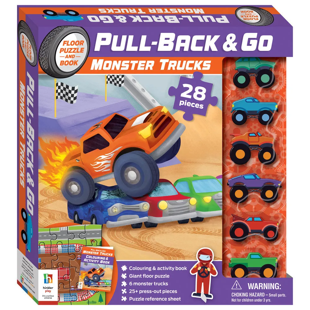 Monster Truck Mayhem 28-Piece Floor Puzzle Set with Pull-Back Vehicles
